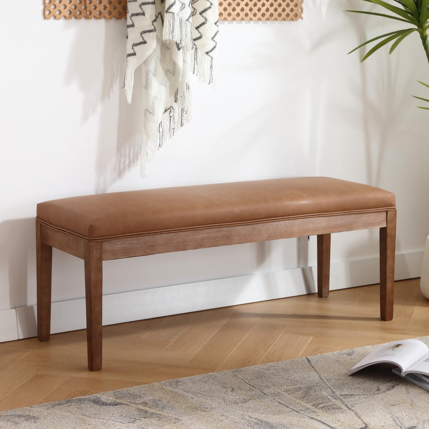 Janoray PU Leather Entryway Bench Farmhouse Dining Benches Upholstered Bedroom Bench Shoe Bench Seat for Hallway Living Room Bedroom End of Bed, 16" D x 45.5" W x 18.75" H, Brown