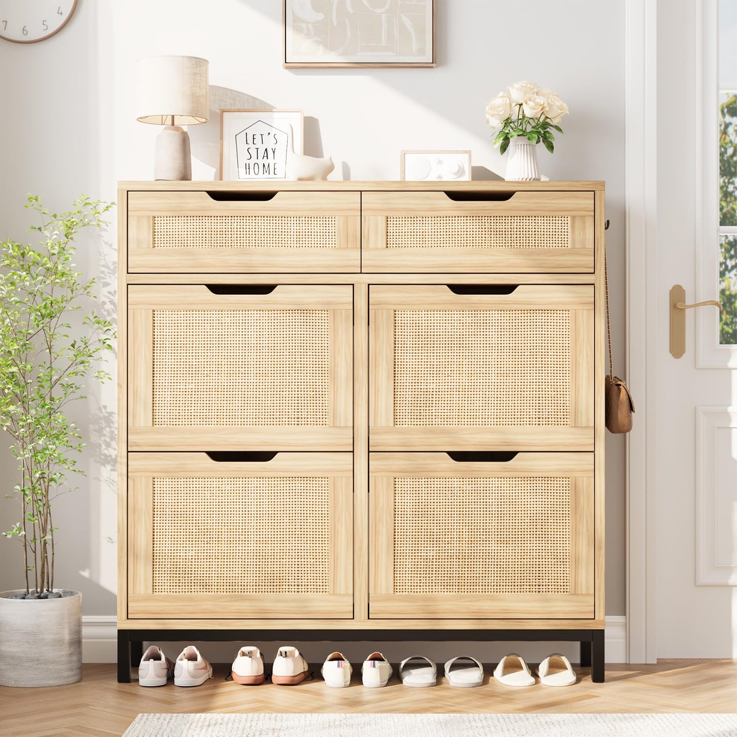 Jocoevol Rattan Shoe Cabinet for Entryway with 4 Flip Drawers & 2 Top Drawers, Freestanding Narrow Shoe Storage Cabinet with Metal Legs for Foyer, Hallway (Natural)