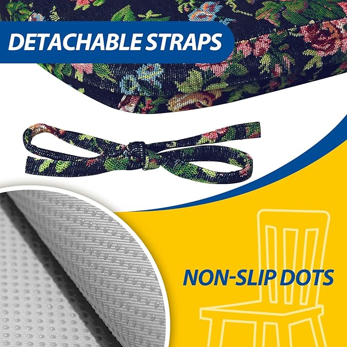 AAAAAcessories D-Shaped Chair Cushions, 2" Thick Dining Chair Pads with Ties and Removable, Machine-Washable Cover, 17" x 16", Set of 6, Night-Blooming Blossoms