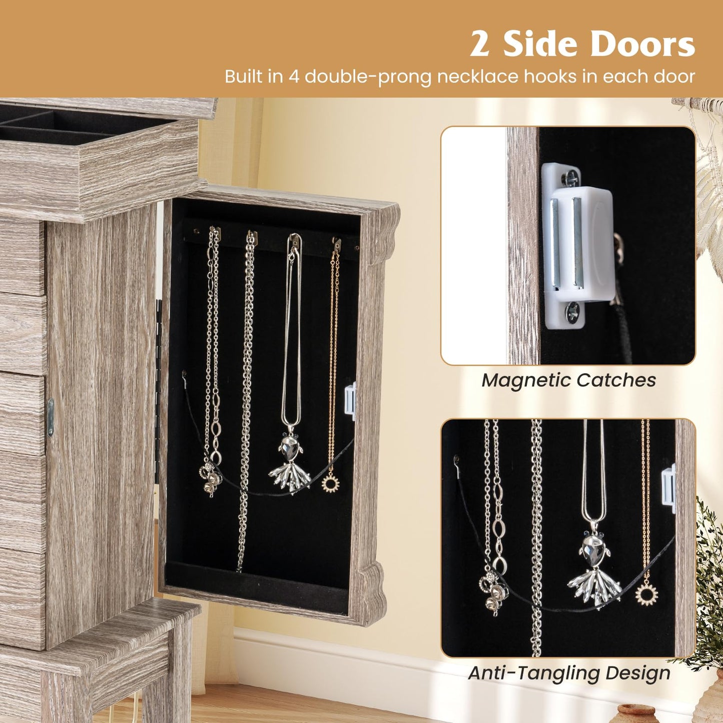 COSTWAY Standing Jewelry Armoire Cabinet, Wooden Jewelry Storage Chest with 5 Drawers, 2 Side Doors & Flip Top Mirror, Jewelry Cabinet with Top Divided Compartments for Women, Girls, Grey
