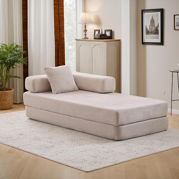 Convertible Couch Sofa Bed Foldable Floor Sleeper | Modern Fold Out Couch | Removable Backrest & Armrests | No Assembly Compression Sofa Sleeper for Living Room, Bedroom | Corduroy Fabric Beige