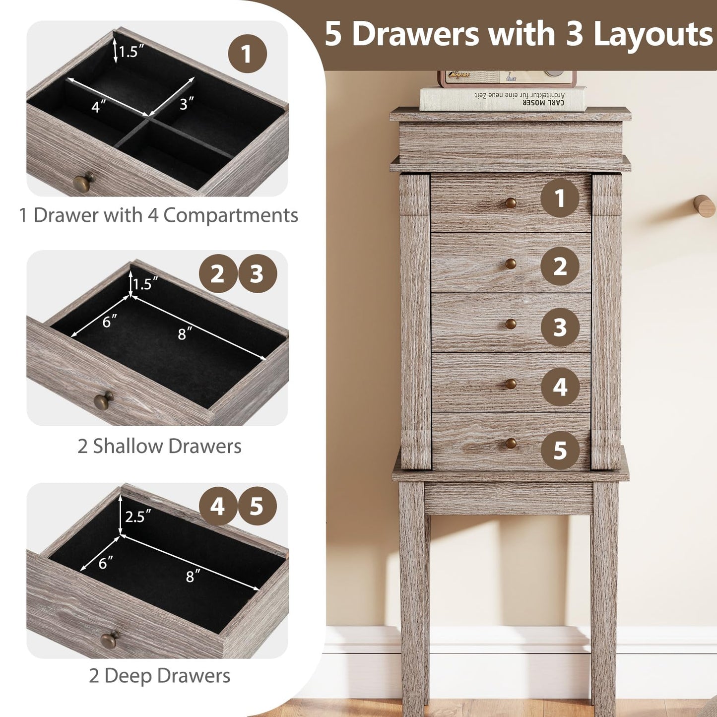 COSTWAY Standing Jewelry Armoire Cabinet, Wooden Jewelry Storage Chest with 5 Drawers, 2 Side Doors & Flip Top Mirror, Jewelry Cabinet with Top Divided Compartments for Women, Girls, Grey