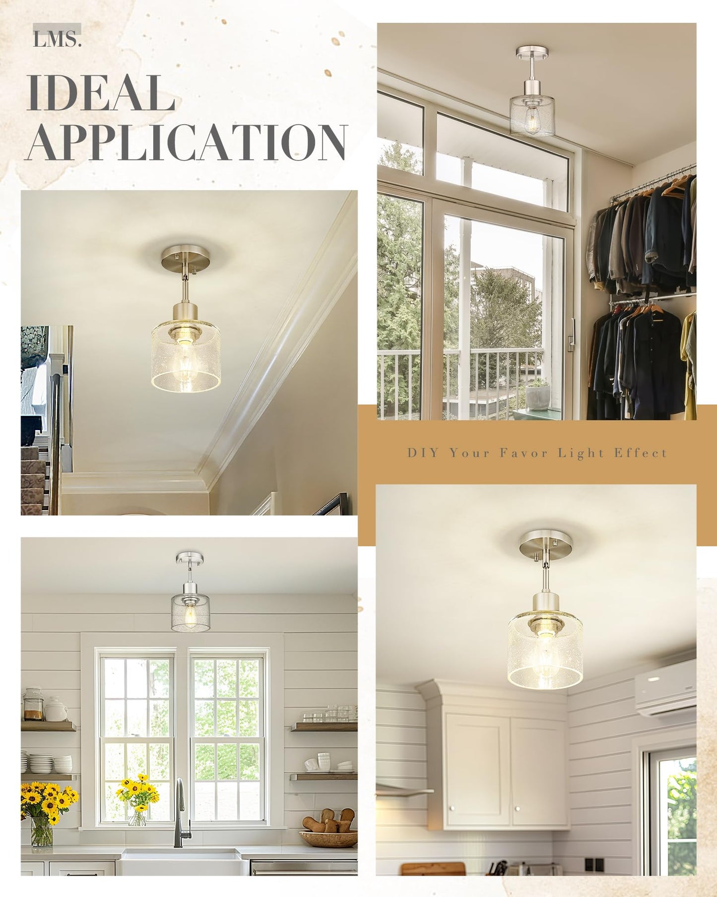 LMS Industrial Semi Flush Mount Ceiling Light, Brushed Nickel 1-Light Close to Ceiling Light with Seeded Glass Shade, Modern Ceiling Lmap for Hallway Corridor Kitchen, LMS-101BN