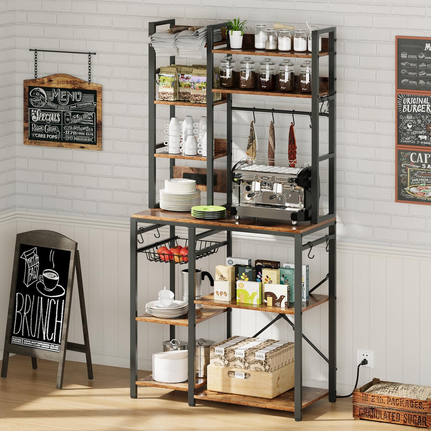 Airynee Bakers Rack with Power Outlet, 7-Tier Microwave Stand, Large Coffee Bar Stand with 12 Hooks & Wire Basket, Metal Kitchen Shelf Organizer for Pots, Spices, Easy Assembly, Rustic Brown