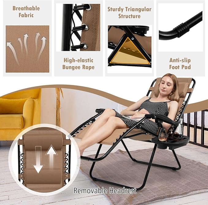 Tangkula Zero Gravity Chair, Folding Patio Lounge Chair Adjustable Outdoor Recliner with Cup Holder, Wide Armrest for Patio Garden Poolside Outdoor Yard Beach, Support 350 lbs (1, Light Brown)