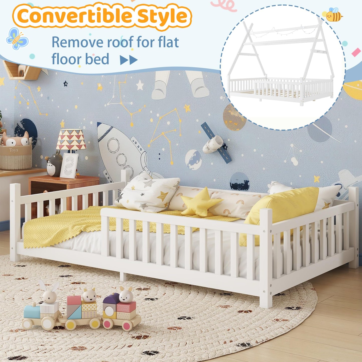 Mirightone Teepee Floor Bed for Kids, Full Size Montessori Beds with Rails, Detachable Floor Tent Bed with Slats and Hanging Rack, Wood House Bedframe for Boys Girls, White