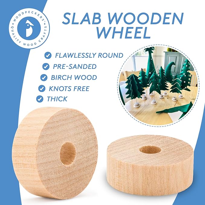 1-inch Diameter Slab Wooden Wheels for Crafts, 1/4-inch Hole, 3/8-inch Thick, Pack of 12 Mini Wooden Hobby Wheel for Model, by Woodpeckers