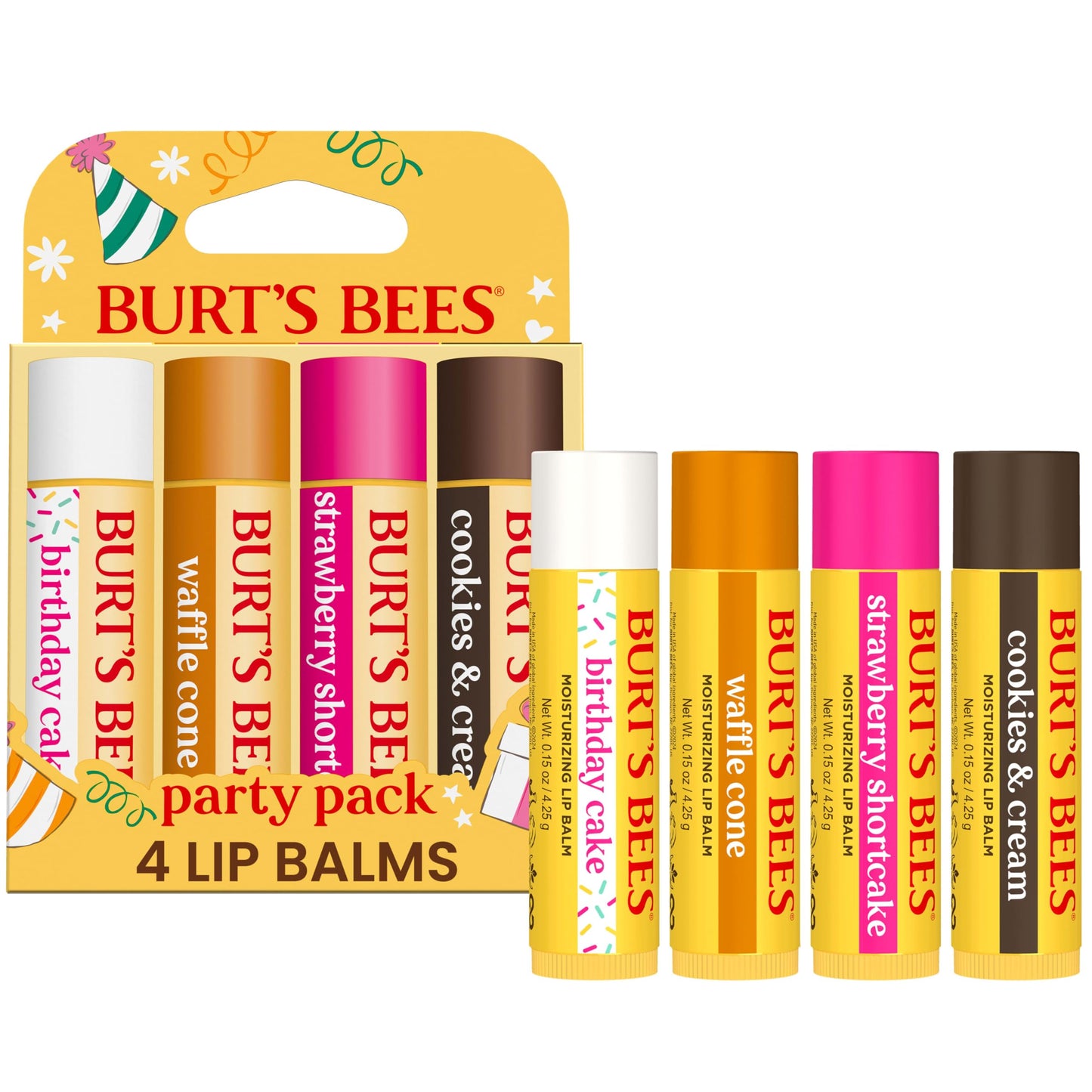 Burt's Bees Lip Balm Party Pack - Birthday Cake, Waffle Cone, Strawberry Shortcake, and Cookies & Cream, All Day Moisturizer, Ti