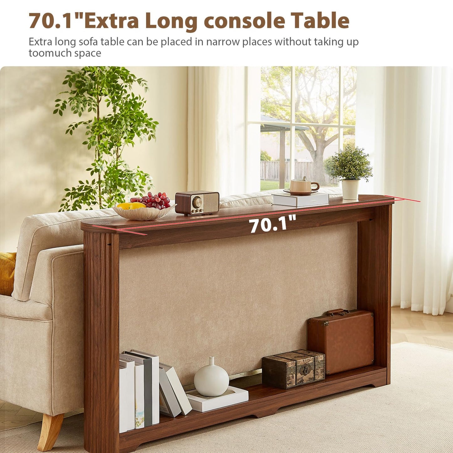 Hosnnile 70.1'' Long Console Table, Narrow Rectangular Sofa Table with Storage Shelf, Modern Wooden Entryway Table, Behind Couch for Entryway, Hallway, Entrance, Foyer, Living Room (Walnut)