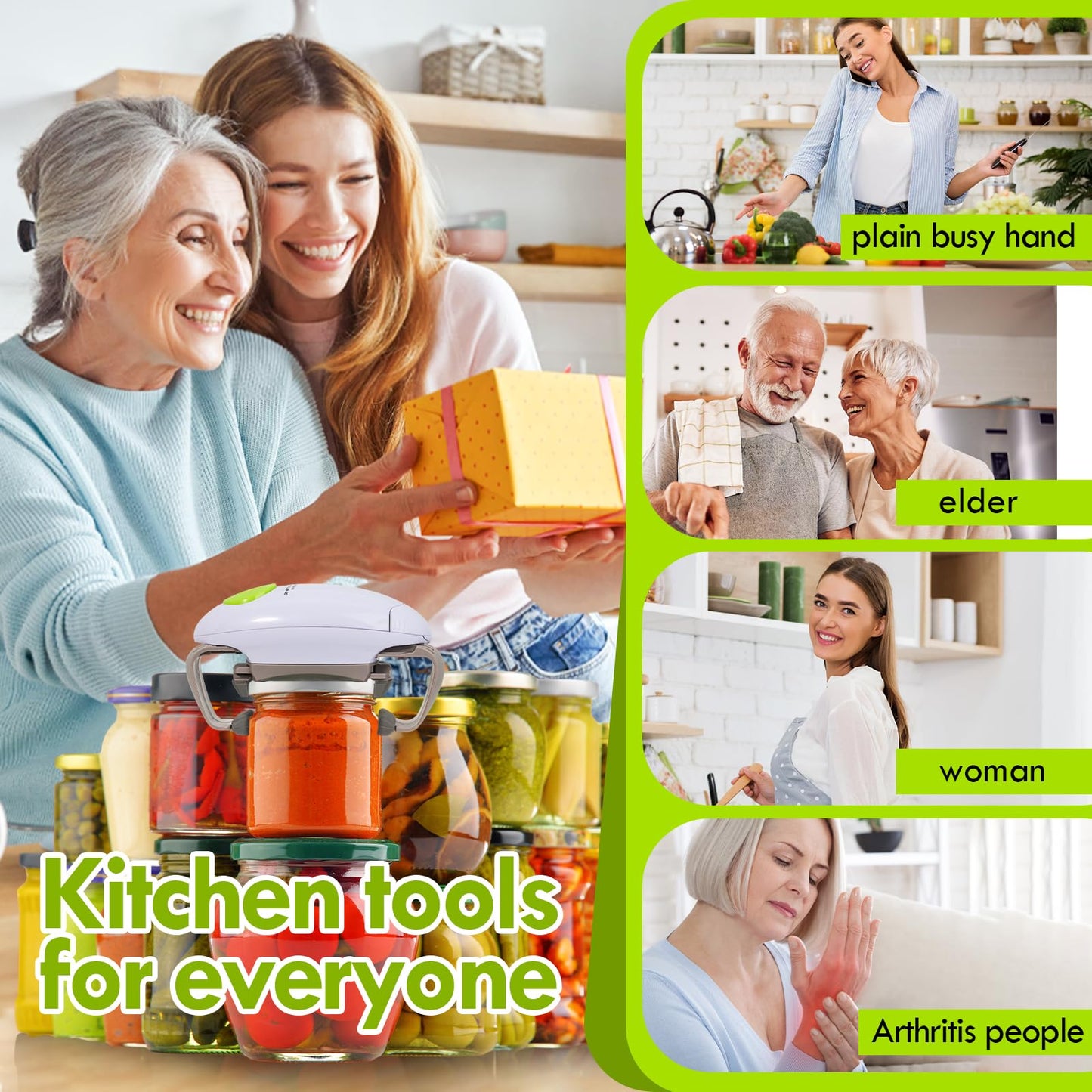 Electric jar opener for seniors, One touch automatic smart jar bottle lid openers for seniors with weak arthritis hands, Powerful hands free jar bottle opener, kitchen gadget