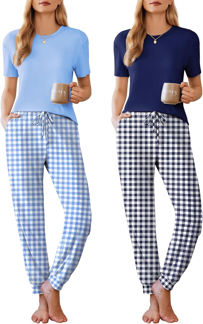 Ekouaer Pajamas for Women Set 2 Pack Lounge Set Short Sleeve Pjs Joggers Long Pants Loungepwear with Pockets