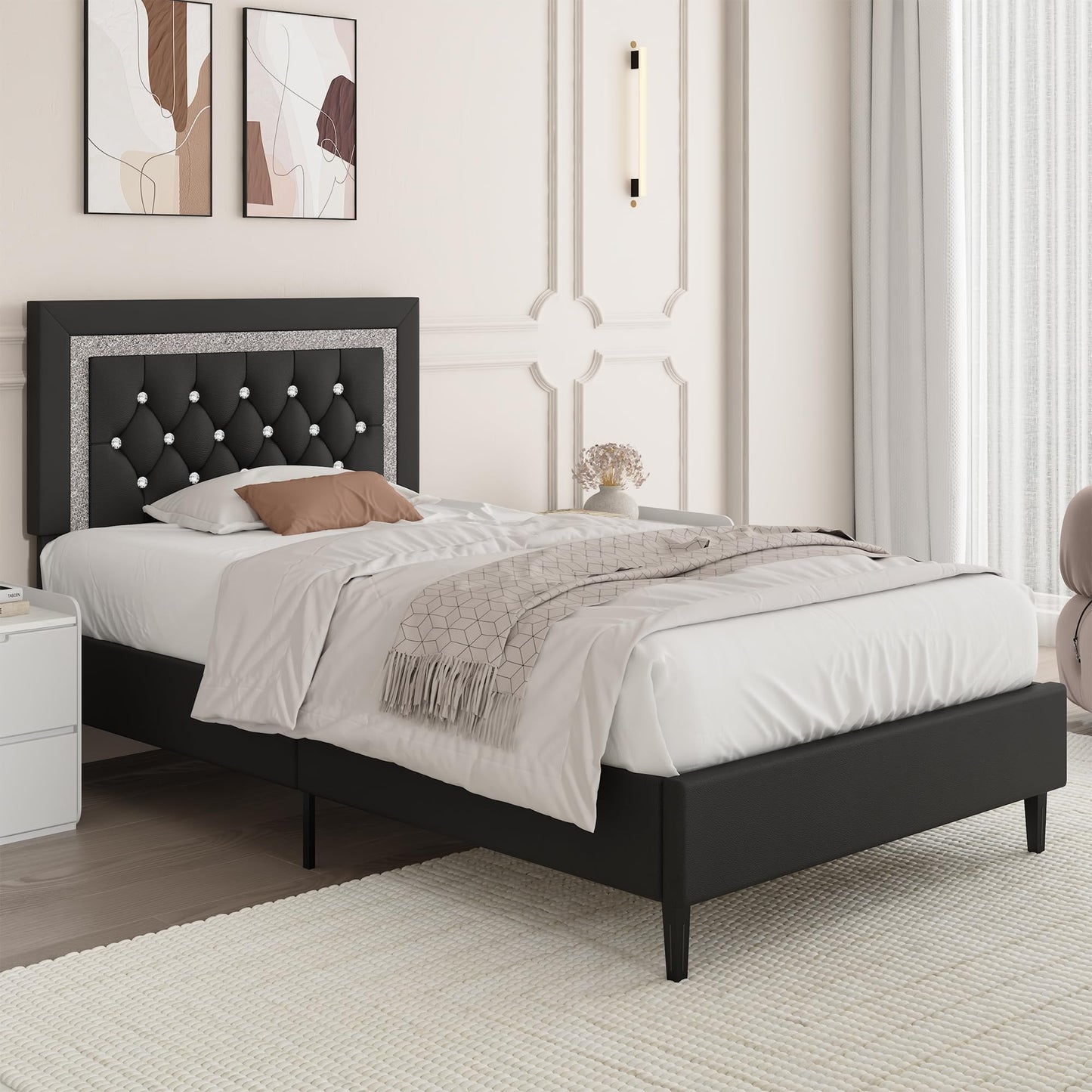Twin Bed Frame with Tufted Button Headboard, Upholstered Platform Bed Frame with Diamond Design, Wood Slat Support, No Box Spring Needed, Easy Assembly, Black