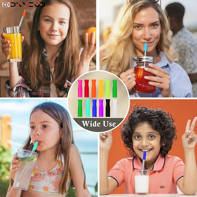 24PCS 12 Colors Food-Grade Metal Straws Reusable Silicone Tips,Silicone Base Sleeve,Only Fit Diameter 0.32In- 8mm Stainless Steel Straws,BPA Free, Eco-Friendly