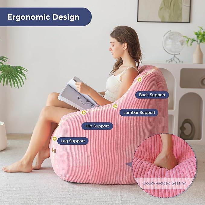 MAXYOYO Bean Bag Chair, Bean Bag Sofa with Filler, Cozy Living Room Chair for Adults and Kids, Stuffed Floor Sofa for Bedroom Dorm Reading, Pink