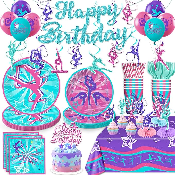 Yingoto 170 PCS Gymnastics Birthday Party Decorations, Serves 20 Guests, with Banner, Balloon, Cake Topper, Plates and Nap...