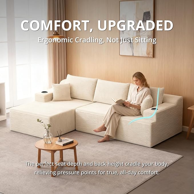 105" Cloud Sectional Couch with L-Shape Chaise, Modular Sectional Sofa with Deep Seat & 2 Cup Holders, Modern Corduroy Boneless Couches for Living Room, No Assembly Required, Left Facing Chaise, White | Pet Friendly, Flexible Layout