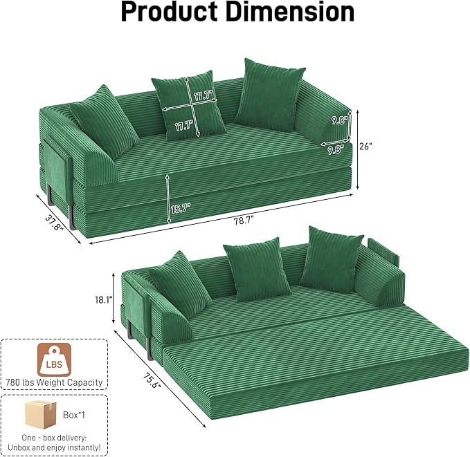 Folding Convertible Sofa Bed with 3 Pillows, 79 " Corduroy Boneless Couch with Armrest Pockets, Lounge Loveseat Sleeper with Pull Out Bed, Memory Foam Compressed Sofa for Living Room Bedroom, Green