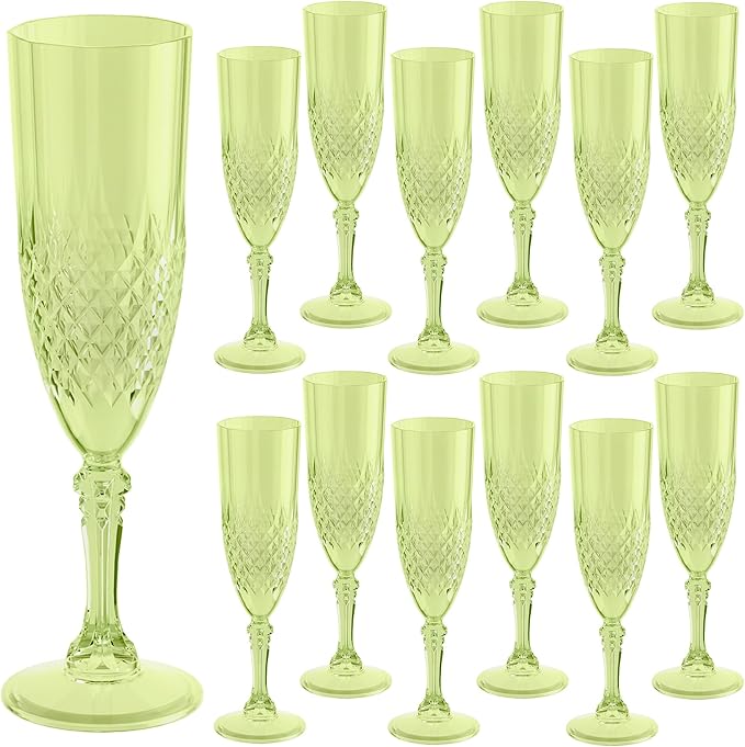 HTTBEIZI Light Green Champagne Flutes Set of 12 7oz, Plastic Reusable Glasses Cups Goblets Shatterproof Unbreakable, for V...