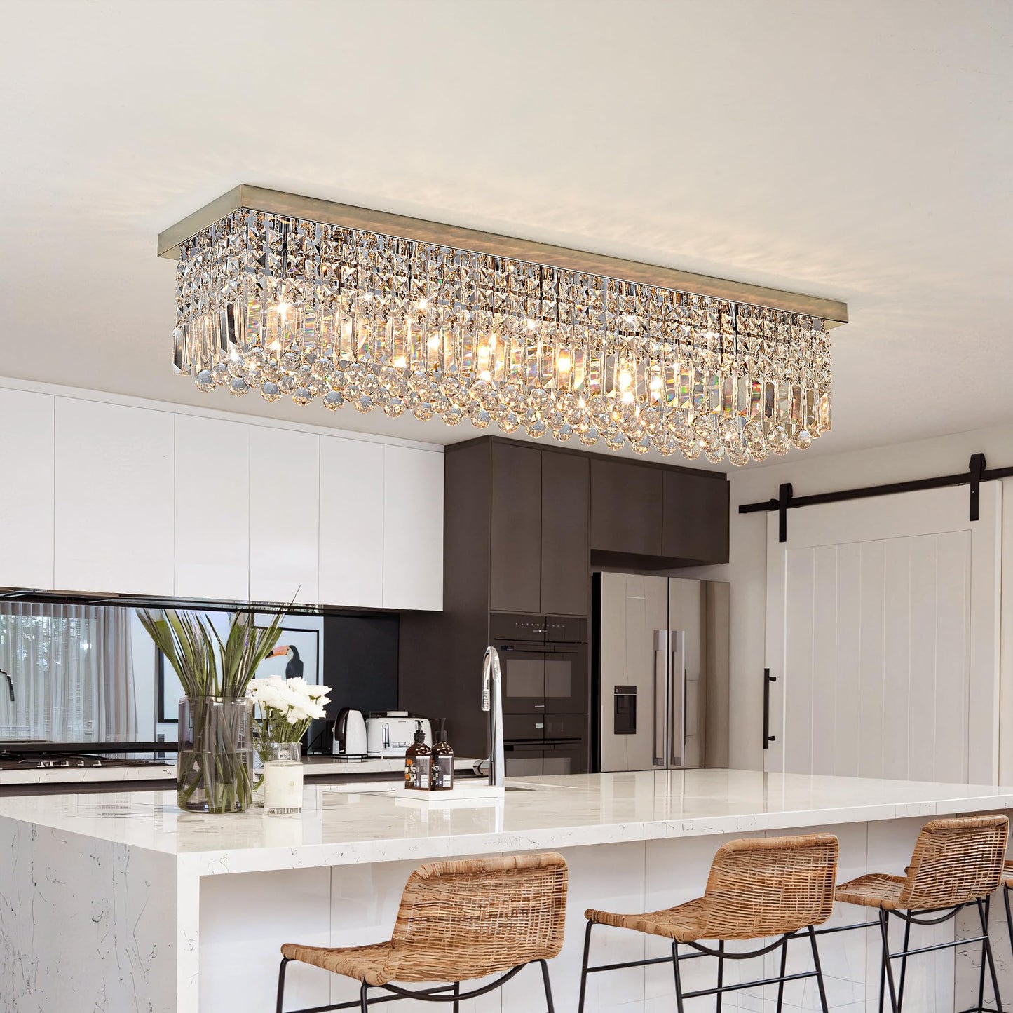 Tinkoso Crystal Chandelier for Dining Room 39.3" Modern Gold K9 Crystal Rectangle Chandeliers Flush Mount Pendant Light Fixture Kitchen Island Bar Dining Room Bedroom Bathroom Hotel