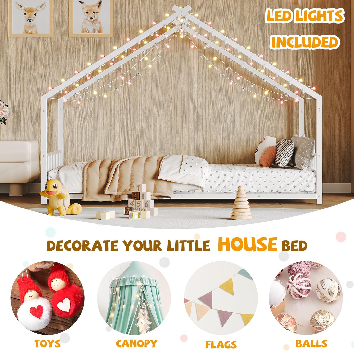 Bellemave Twin Size Montessori Floor Beds with Light, Twin Size House Floor Bed with Headboard and Footboard, Easy Assemble Montessori Bed Frame, White