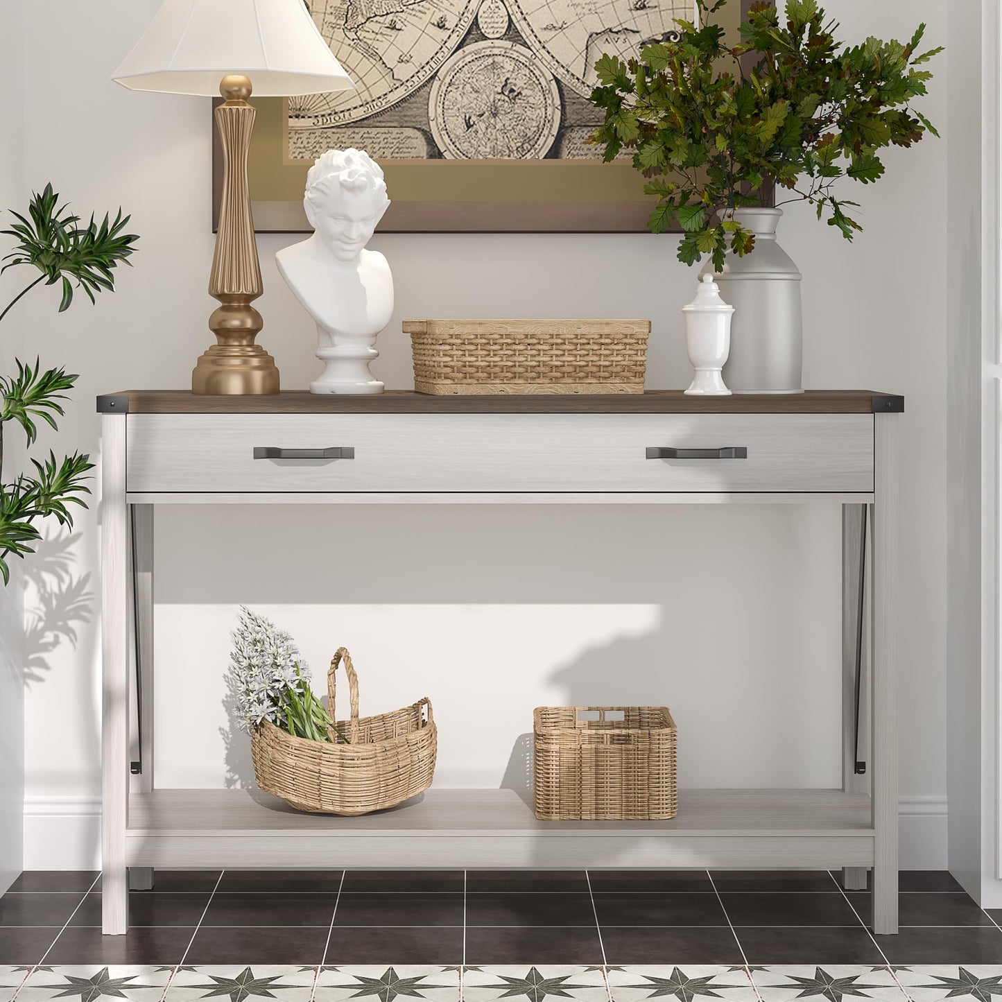 ChooChoo 47'' Farmhouse Console Table with Drawer, Entryway Table with Storage Shelf, Rustic A-Design Sofa Table for Hallway, Entrance, Living Room, White&Brown
