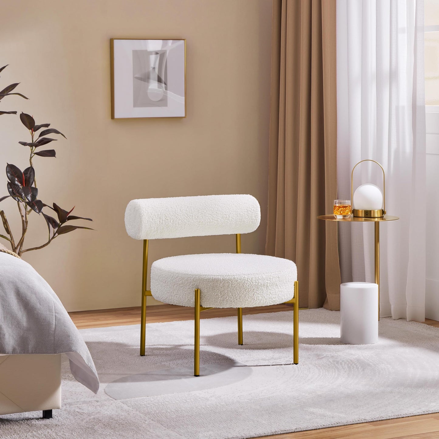 Topeakmart Modern Vanity Chair, Boucle Fabric Accent Chair with Gold Metal Legs for Living Room Makeup Room, White
