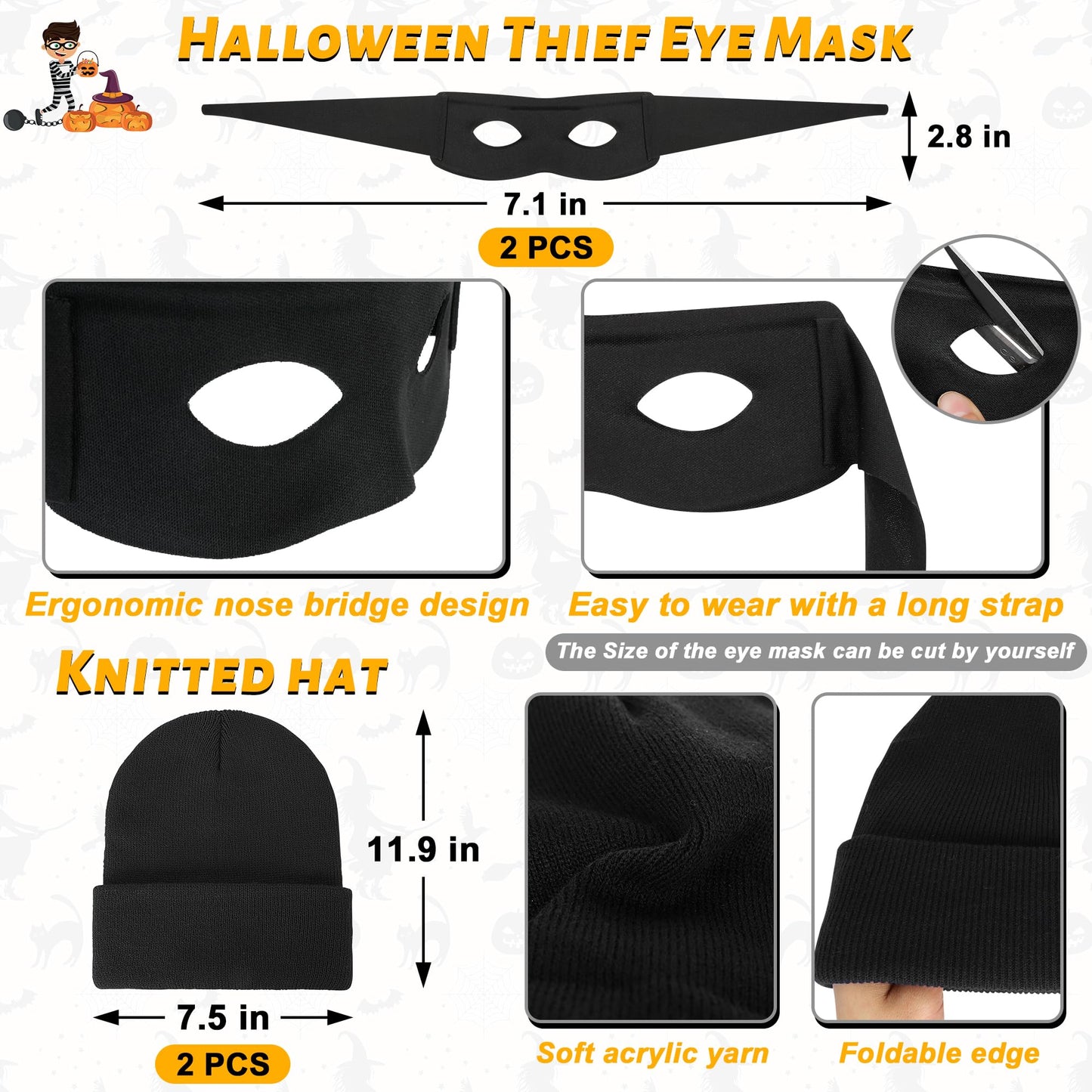 QZYL Halloween Women Robber Costume Set, M Women Thief Cosplay Striped Shirt Mask Gloves Beanie Cap Bag for Halloween Thief