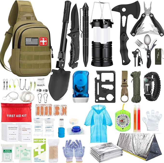 Emergency Survival Kit, 151 Pcs Survival Gear First Aid Kit, Outdoor Trauma Bag with Tactical Flashlight Knife Pliers Pen ...