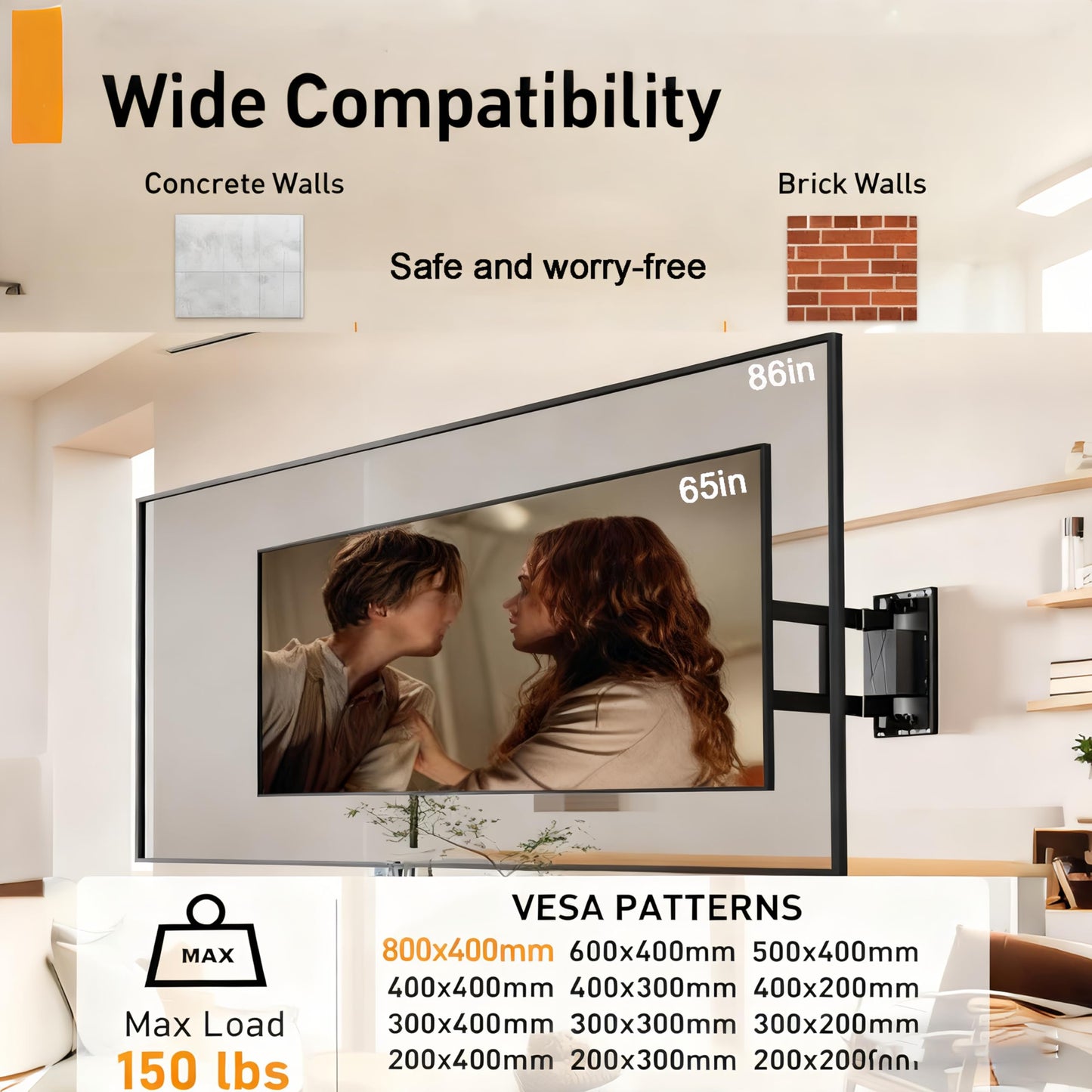 Full Motorized TV Wall Mount for 65-86in Large TVs, Long Arm Smart Slim Folding Wall Mount ±90° Swivel Tilt Extension Adjustable TV Mount Max VESA Size 750x600mm,Holds 180 lbs (Black, 75-86in)
