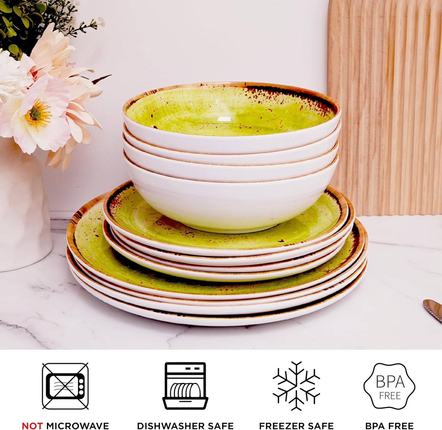 TP 12-Piece Dinnerware Set, Melamine Dishes Set with Bowls and Plates, Non-breakable and Lightweight Dinner Service for 4, Green Swirl