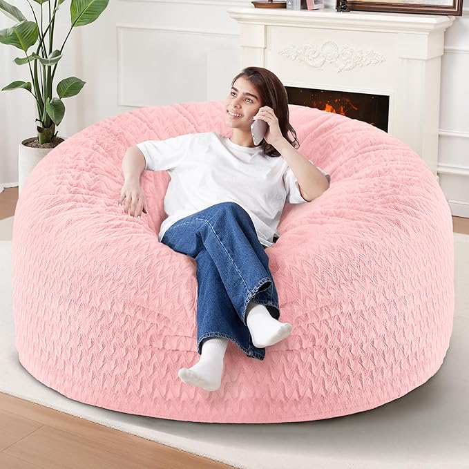 5FT Bean Bag Chair,Giant Bean Bag Chairs for Adults,Big Bean Bags with Memory Foam Filled, Large Beanbag Chairs with Chevron Plush Cover-Soft Pink