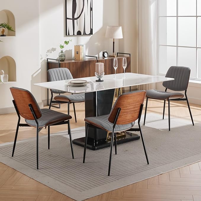 YaFiti Dining Chairs Set of 8, Mid Century Modern Accent Dining Room and Kitchen Chairs, Upholstered PU Leather Vertical Stripe Chairs for Vanity with Walnut Bentwood and Metal Legs, Gray