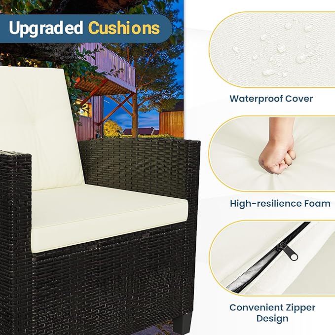 Wisteria Lane 4 Piece Patio Furniture Set, Wicker Outdoor Patio Conversation Furniture Set, All Weather Outdoor Patio Sofa with Cushion and Wood Table, Beige