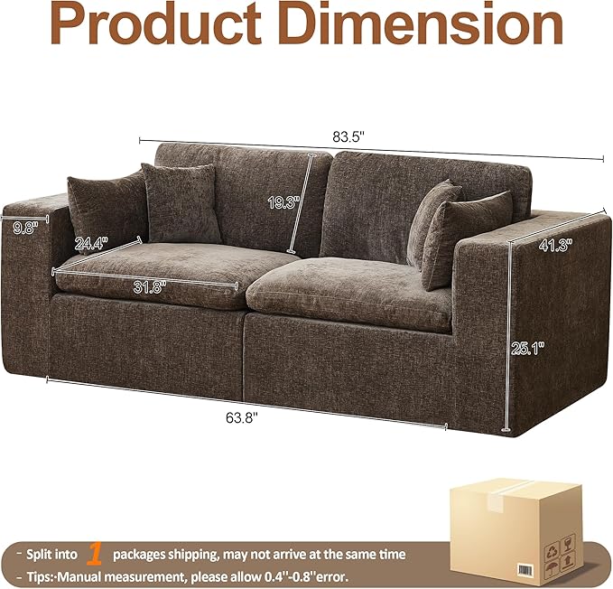 88''Cloud Boneless Sectional Couch, Modular Sectional Sofa Deep Seat, Upholstered Convertible Comfy Loveseat Chenille Memory Foam Sofa Couches for Living Room, Brown