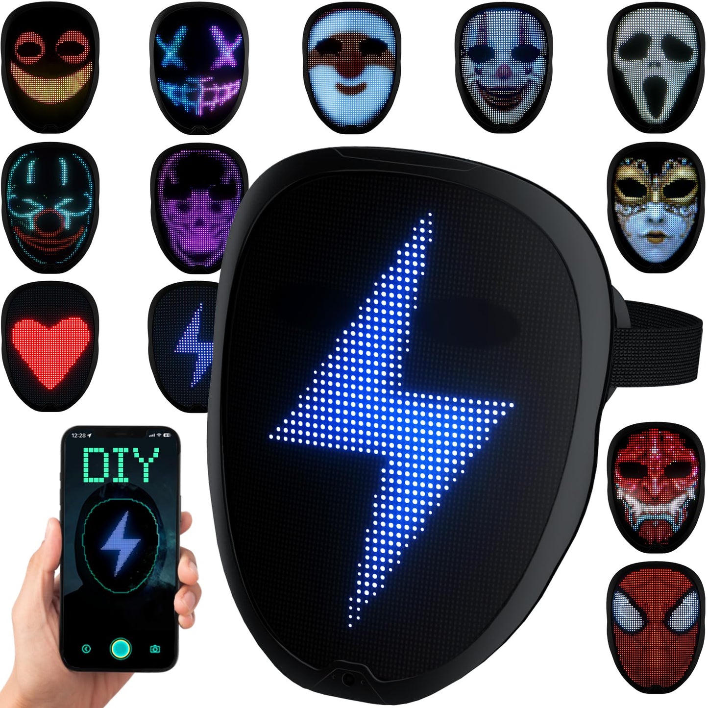 Yinenio LED Mask with Programmable App & Gesture Sensing, DIY Unisex LED Lighted Face Transforming Mask for Halloween Costume
