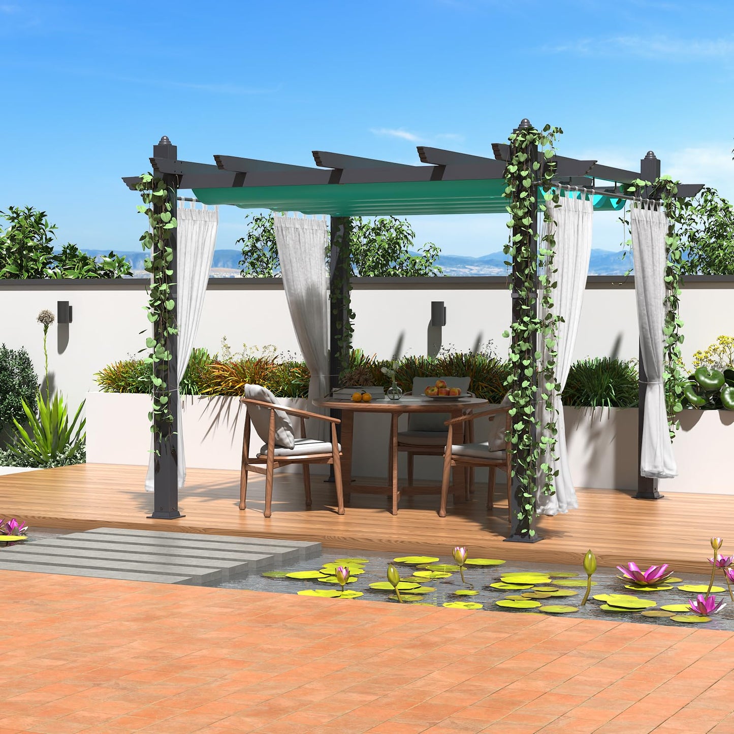 10x13 Ft Aluminum Pergola with Retractable Canopy and Netting, Modern Outdoor Patio Shade Shelter with Wood-Look Frame, Ideal for Backyard, Deck, or Porch