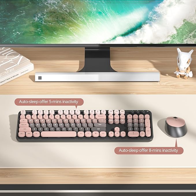 Wireless Keyboard and Mouse Set, Retro Typewriter, 2.4GHz Full Size 104-Key Cute Keyboard with Number Pad, Colorful Keyboard with Round Keycaps for Windows PC Laptop(Raspberry)