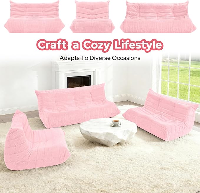 HABUTWAY Bean Bag Chairs Fireside Lazy Floor Sofa, Soft Teddy Fleece 2 Seater Sofa with High-Resilience Foam Filling，Beanbag for Living Room, Bedroom, Office (Pink Teddy)