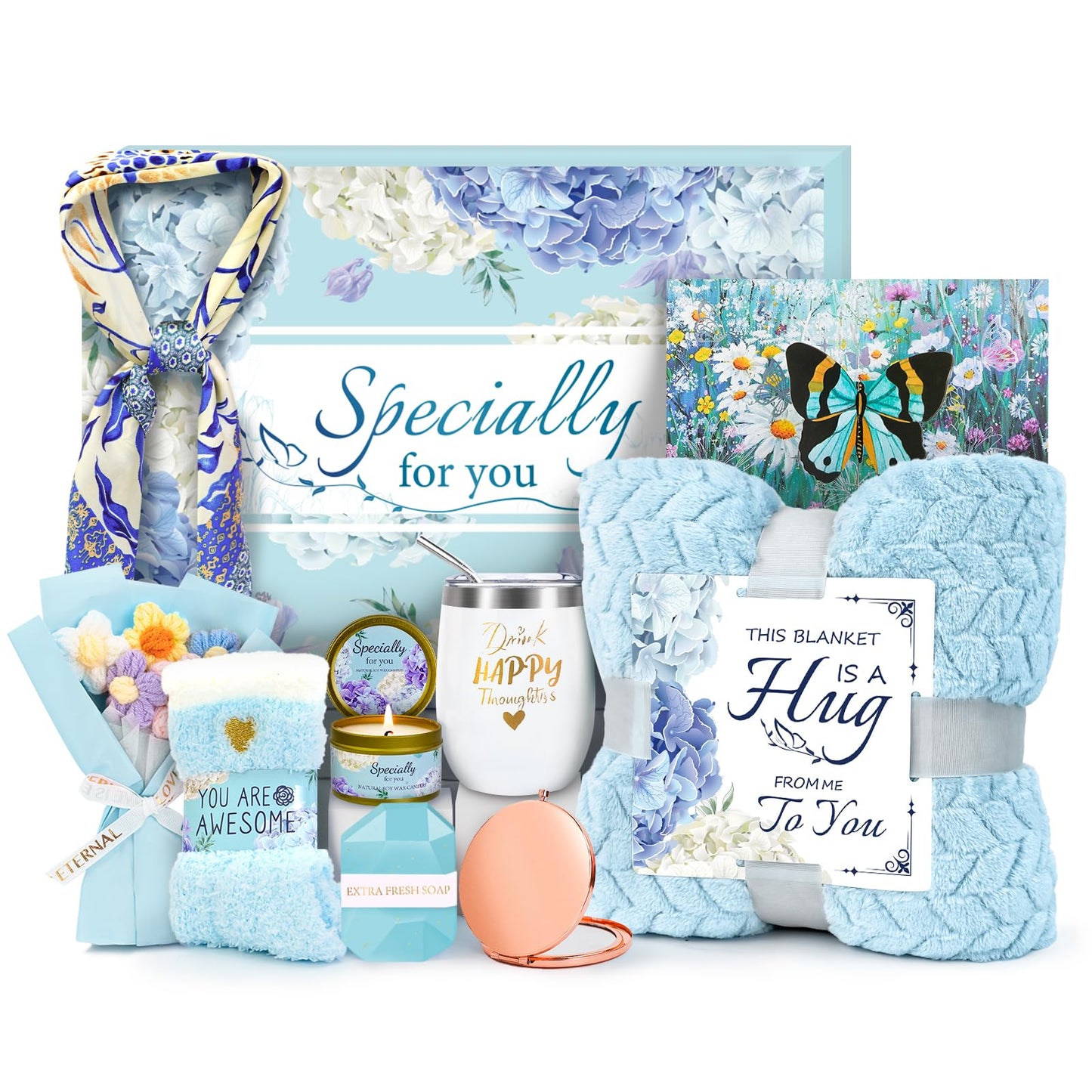 ElatedMore Birthday Gifts for Women Friendship Self Care Package Gifts for Women Get Well Soon Gift Baskets Relaxing Blanket Gifts Box for Sister Mom Wife Friend Her Fantasy Box (Blue)