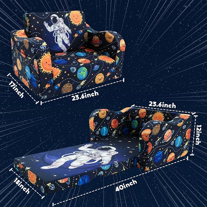 MeMoreCool Folding Kids Couch – 2-in-1 Toddler Sofa Bed & Lounge Chair | Astronaut Print | Fold-Out Design | Washable Cover | Ages 1–3
