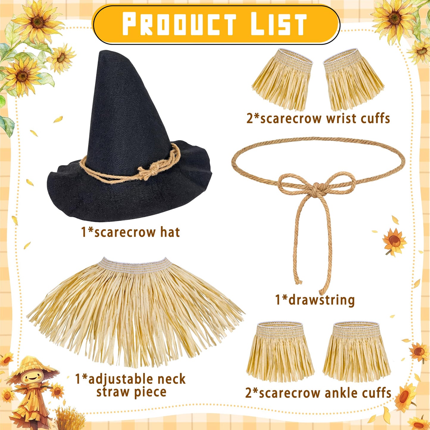 Horolam 7PCS Scarecrow Costume Accessories, Wizard Scarecrow Costume with Hat for Adult Women Men for Holloween Cosplay Dress Up