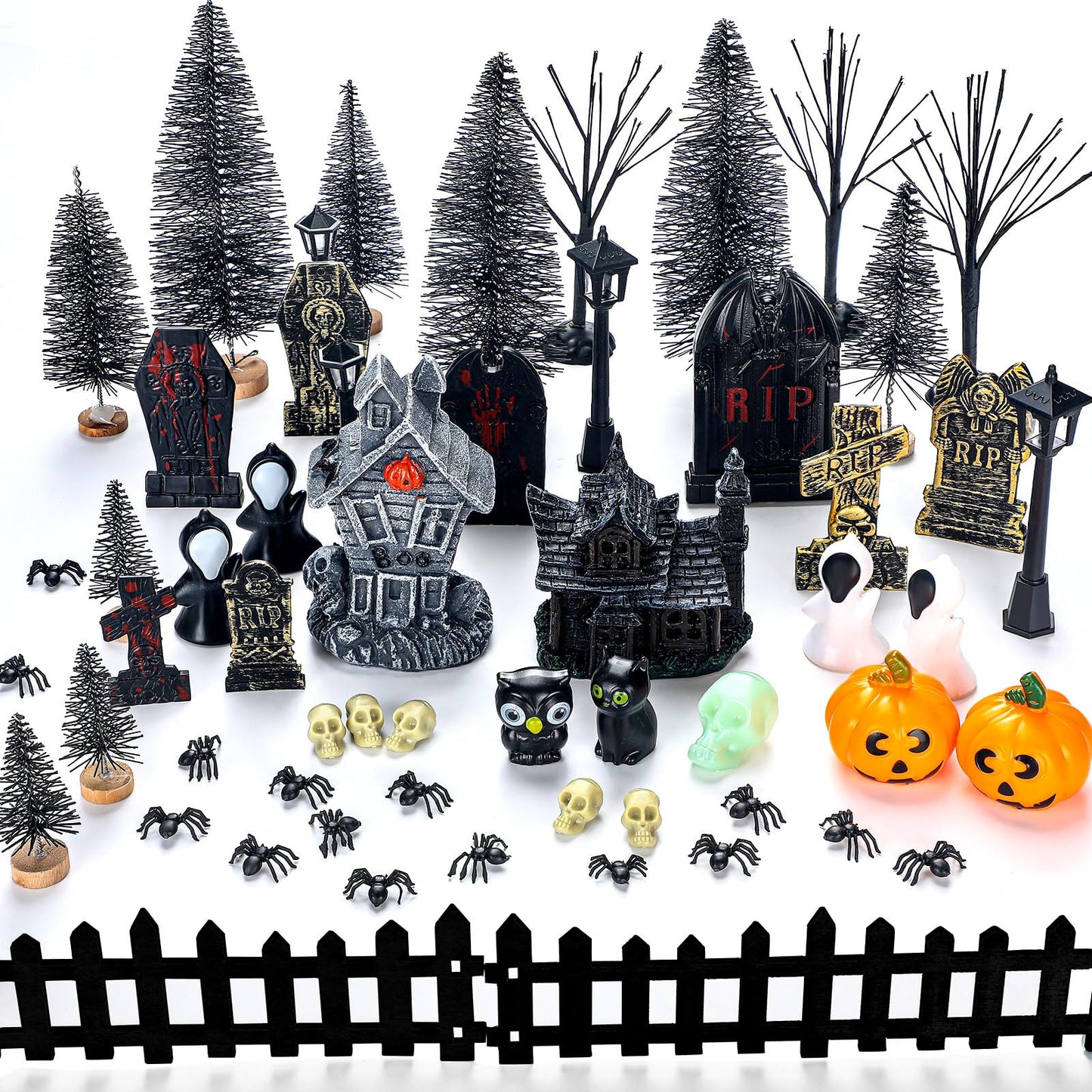 Colingmill 56 Pcs Halloween Village Accessories Set Halloween Haunted House Village Set Miniature Tombstones Tree Fake Spiders Fence Streetlamp Figurines for Home Table Party Decor