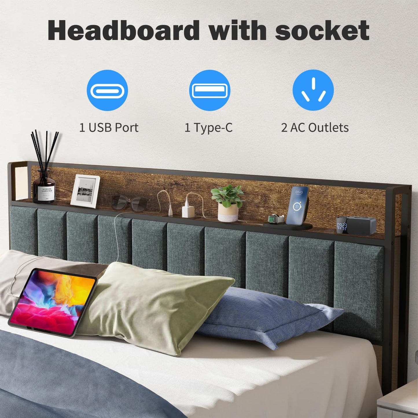 Queen Size Bed Frame with Socket and Storage Bed Frame with LED Light, Heavy Duty Metal Slats Support, No Box Spring Needed