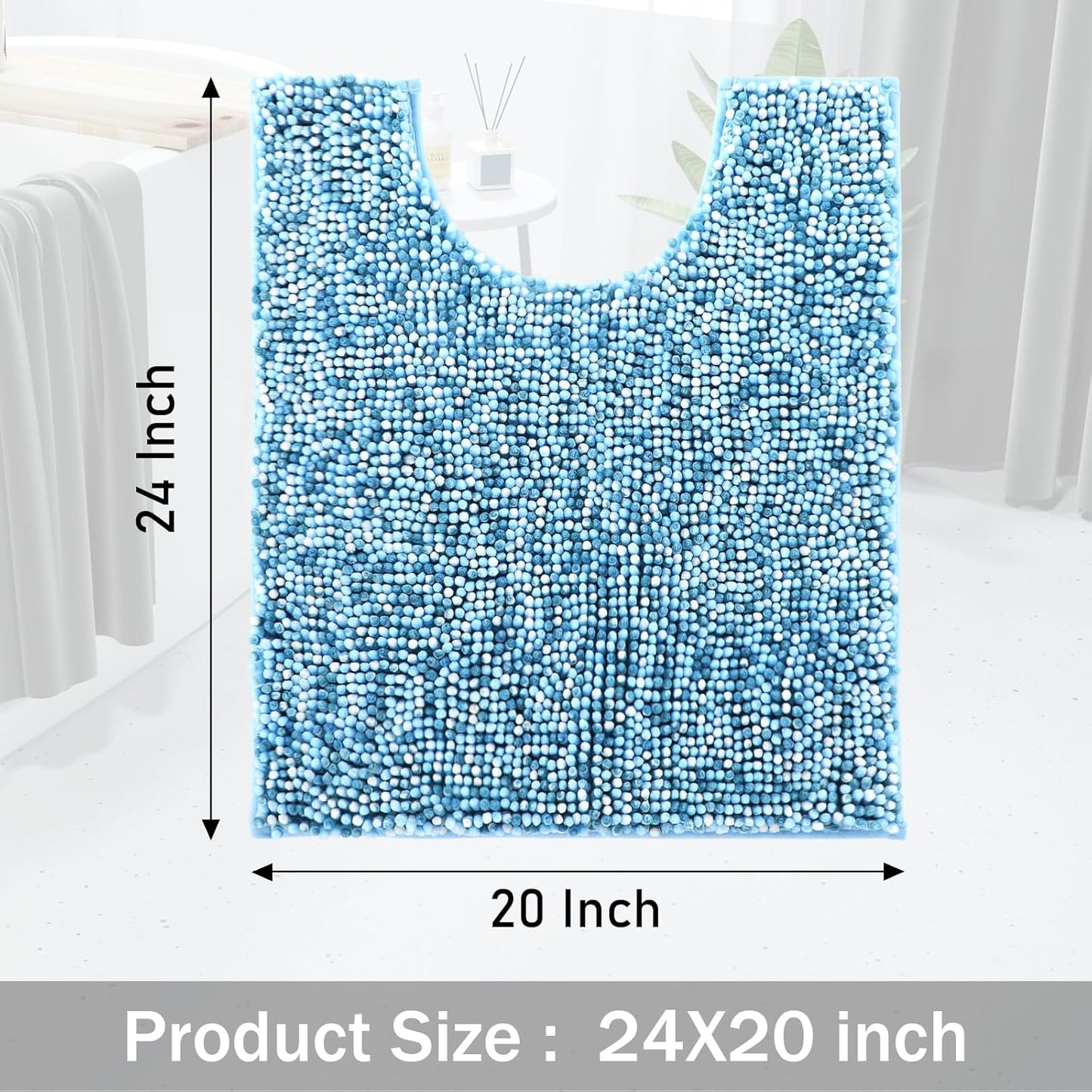 Yimobra Luxury Chenille U-Shaped Toilet Rug, Super Soft Shaggy Contour Bath Mat for Bathroom Floor, Fluffy, Water Absorbent, Non Slip, Machine Washable, Dry Quickly, 24''x 20'', Blue & Light Blue
