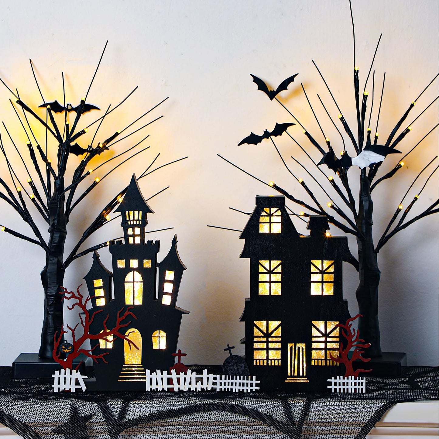 Cinnvoice 4 Pcs Halloween Table Decorations Indoor - 2 Lighted Wooden Haunted House Decor, 2 LED Birches Tree Decor - Battery Operated for Home Kitchen Ornaments