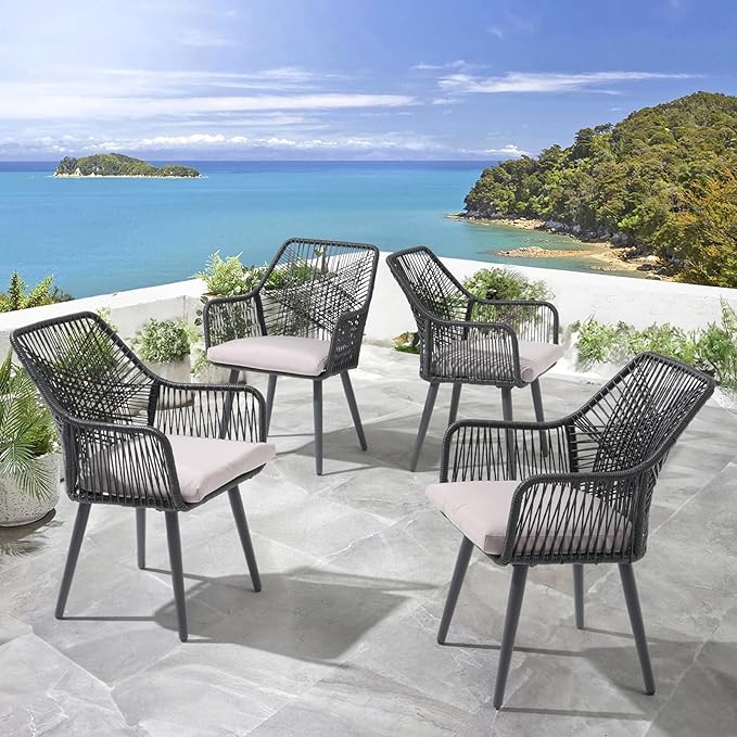 Patiorama Patio Dining Chair Set of 4, Woven Rope Outdoor Dining Chairs w/Steel Frame, All-Weather Twisted Rattan Chairs w/Armrest & Cushion, Outdoor Dining Wicker Chairs for Backyard Garden(Black)