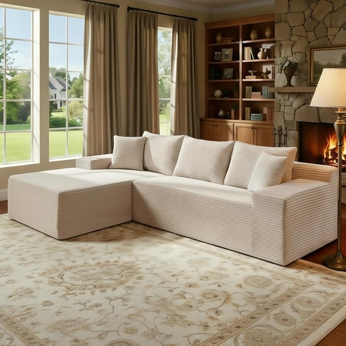 105’’ L-Shape Modular Sectional Sofa with Chaise, Convertible Cloud Couch, Corduroy Fabric & High-Density Memory Foam, No Assembly Required for Living Room (Beige, Left Facing Chaise)