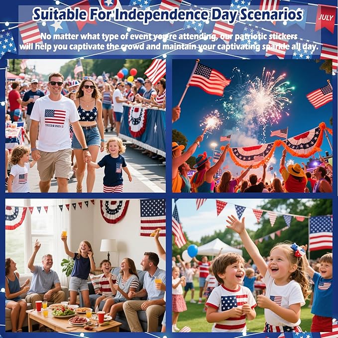 Yosca 6Pcs Independence Day Temporary Tattoos, Red White Blue Patriotic Glitter Face Stickers, Self Adhesive Star Face Art Sticker for 4th of July Memorial Day Veterans Day USA Flag Party