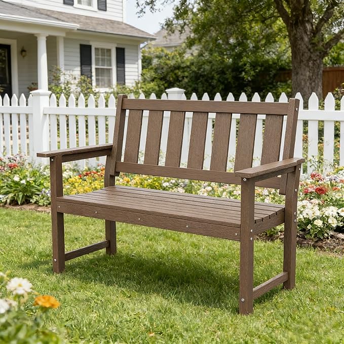 ACUEL HDPE Outdoor Bench – 50'' Weatherproof Durable Garden Bench, 2-Person Park Bench, Multi-Purpose Design Ideal for Porch, Patio, Church, and School (Brown)