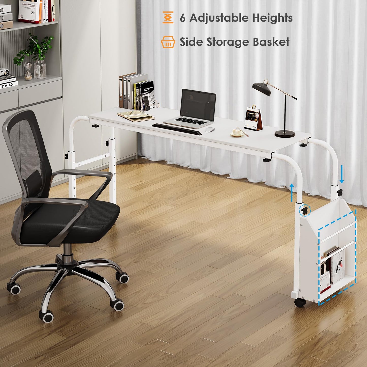 Arlopu Overbed Table with Wheels,60.6-84.2 inches Mobile Bed Desk,Rolling Computer Desk, Laptop Cart,W/0-65°Tilt Stand,4 Heights and 6 Lengths,Side Storage Basket,for Home,Office and Hospital (White)
